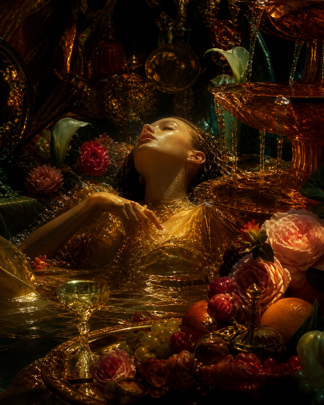 A figure submerged in golden water, surrounded by roses and crystal.