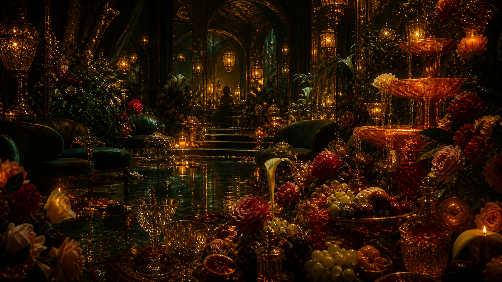The sanctuary at Too Much Pleasure — emerald-lit interior carved into stone.